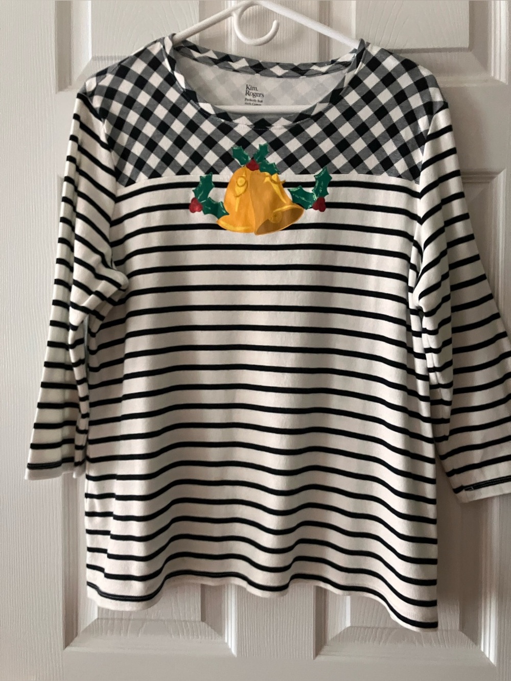 Kim Rogers Black & White Striped Long Sleeve Tee with Yellow Bell Accent